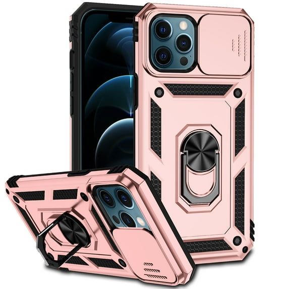 iPhone 12 Pro Max Kickstand Armor Case with Slide Camera Lens Protection Cover Built-in 360° Rotate Ring Holder Stand Magnetic Military Shockproof Phone Cover Case for iPhone 12 Pro Max,
Rosegold