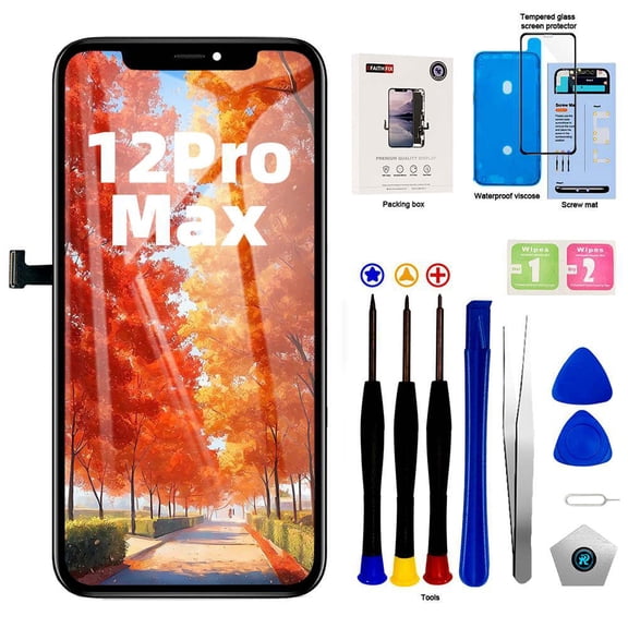 For iPhone 12 Pro Max LCD Screen Replacement 6.7 inch Assembly LCD Display 3D Touch Screen Digitizer with Repair Tools for A2342, A2410, A2412, A2411 with Waterproof Adhesive Tempered Glass