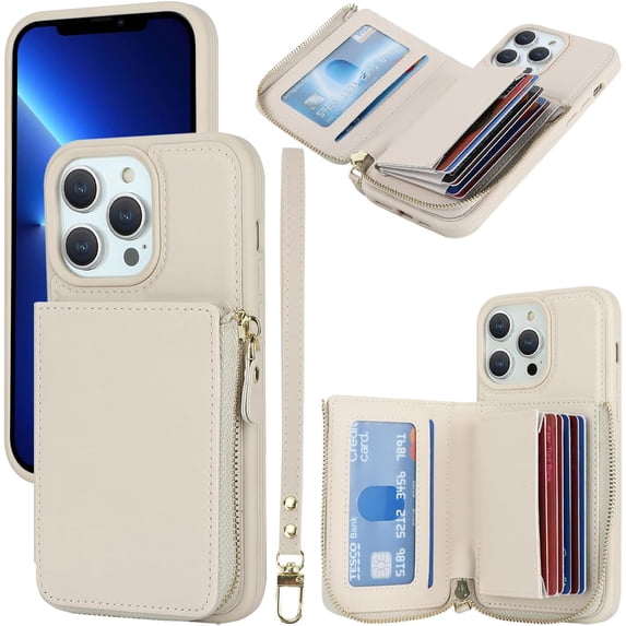 iPhone 12 Pro Max Leather Case, Off-White Flip Wallet with Zipper Card Holders, Magnetic Card Slot, Shock-Absorbent Kickstand for Women & Men