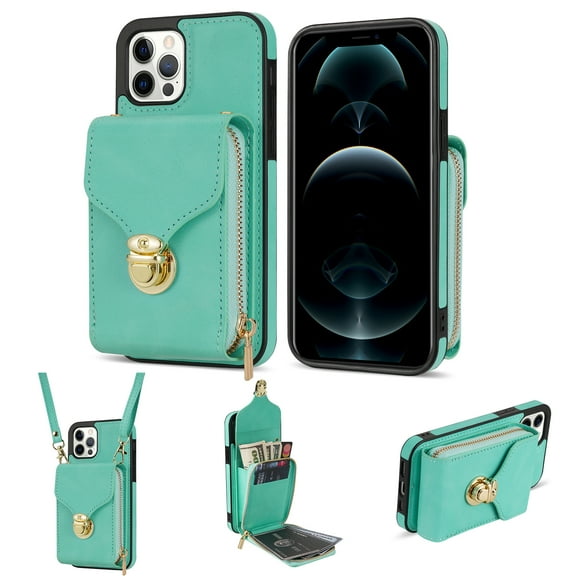 iPhone 12 Pro Max Luxury Leather Case with Card Holder for Women Phone Case Wallet with Strap Credit Card Slots Crossbody Strap with Kickstand Zipper Shockproof Case For iPhone 12 Pro Max,Mint