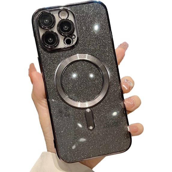 for iPhone 12 Pro Max Magnetic Glitter Case, Cute with Camera Lens Protector, Compatible with MagSafe, Soft TPU Slim Shockproof Clear Protective Phone Case Cover for Women Girls, Black