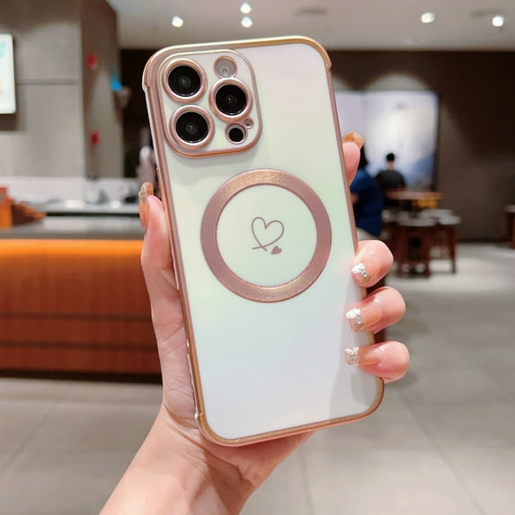 For iPhone 12 Pro Max Magnetic Phone Case,Compatible with Mag-Safe,Electroplated Double Hearts Design,Bling Glitter Dazzling Shockproof Anti-fall Ultra Slim Soft TPU Phone Case Cover,White