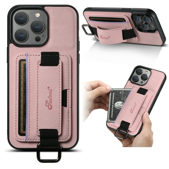 for iPhone 12 Pro Max PU Leather Card Slots Back Case, Classic Wristband Kickstand Finger Ring Shockproof Protective TPU Frame Phone Case for iPhone 12 Pro Max Women Men Boys Girls, Pink
