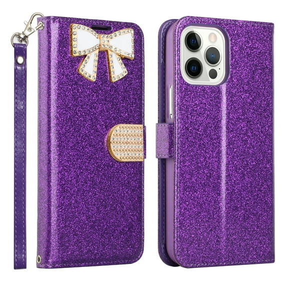 iPhone 12 Pro Max Phone Case, Full Protection Sparkle Diamond Kickstand Wallet Compartments Multi-Function for iPhone 12 Pro Max Phone Case Purple