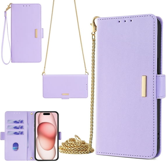 for iPhone 12 Pro Max Phone Case with RFID Blocking Card Holder Crossbody Chain + Hand Strap Premium PU Leather Flip Case with Magnetic Clasp Kickstand Wallet Shockproof Phone Case,Purple