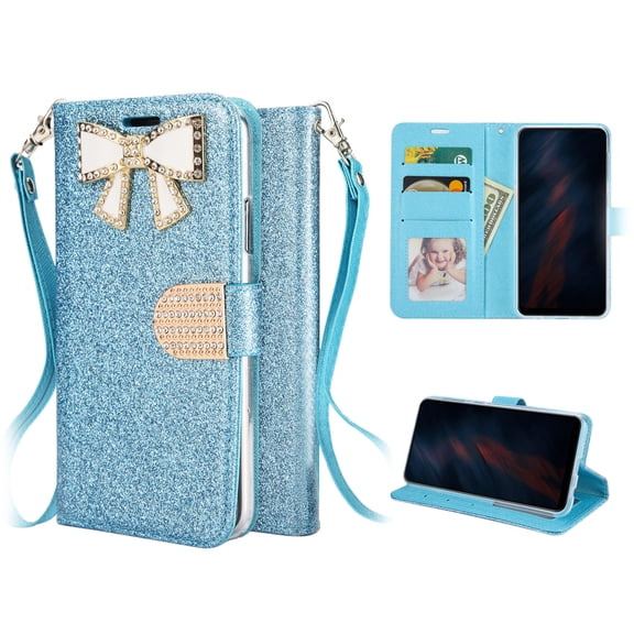 iPhone 12 Pro Max Phone Case, Strong Protective Sparkle Diamond Kickstand Wallet Compartments Multi-Function for iPhone 12 Pro Max Phone Case Blue