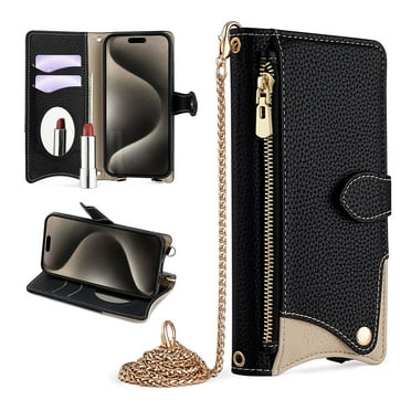 for iPhone 12 Pro Max Phone Case Wallet,Crossbody Case with Strap/Chain for Women, PU Leather Kickstand, Zipper Pocket Card Holder,Magnetic Clasp Handbag Mirror Shockproof Case,Black