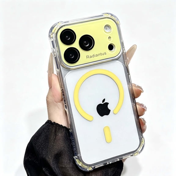 For iPhone 12 Pro Max Phone Case,With Lens Camera Film,Compatible with Mag-Safe,Four Corners Drop Protection,Crystal Transparent Back,Shokcproof Non-Slip Anti-Scratch Phone Case,Yellow