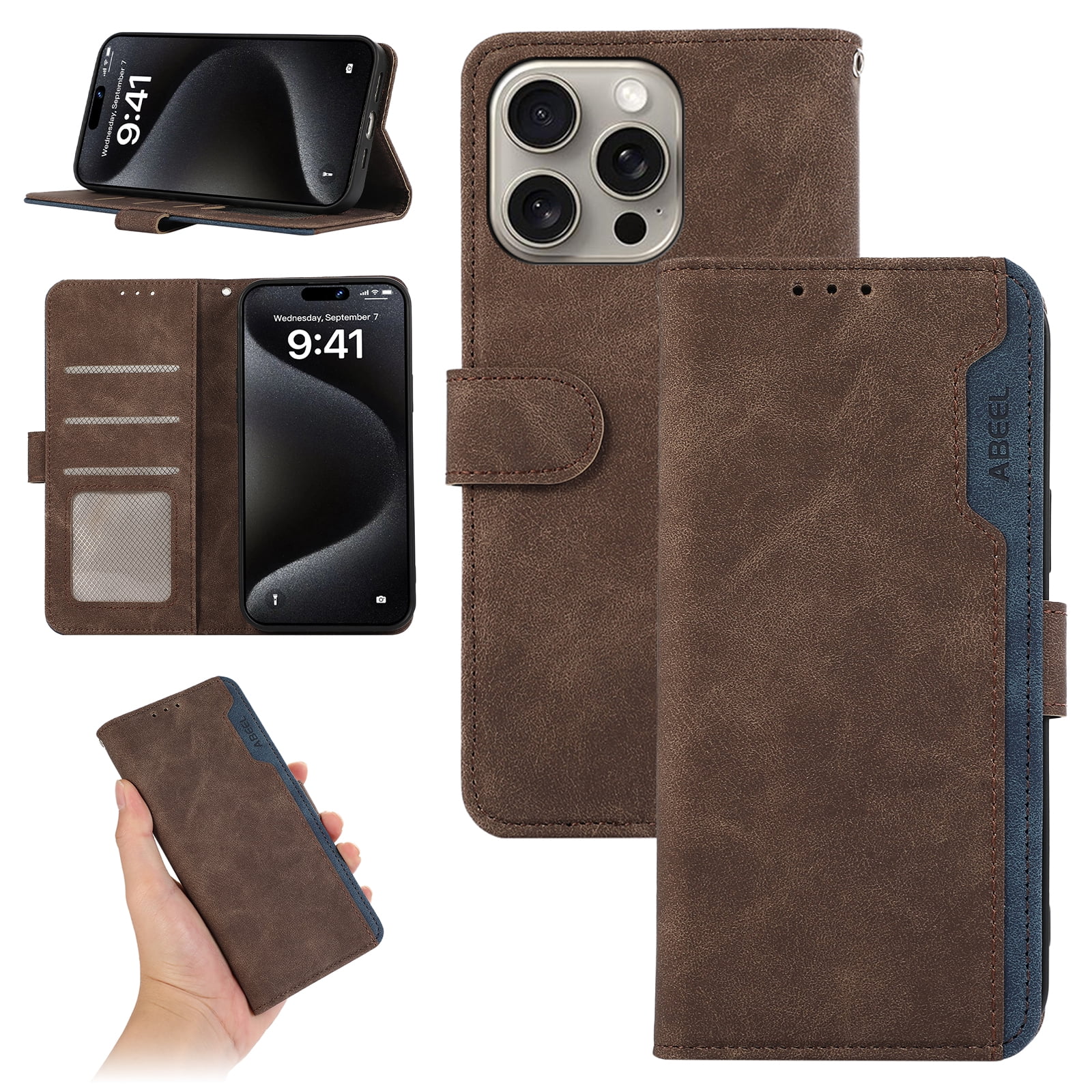 STAWLKA Premium PU Leather Flip Magnetic Buckle Wallet Case Kickstand Blocking RFID Shockproof Protective Phone Cover For IPhone 12/12 Pro - Brown - View #3