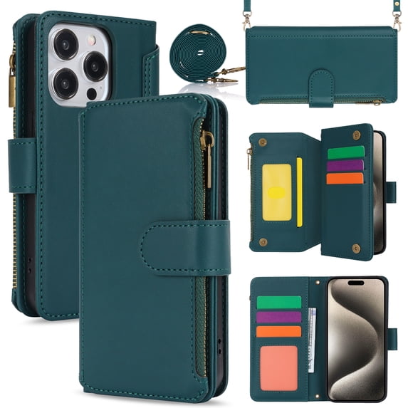 for iPhone 12 Pro Max Rugged Case, RFID Blocking Wallet Case for Women Men with Card Holder Zipper Magnetic Flip PU Leather Wrist Strap & Shoulder Strap Protective Cover for iPhone 12 Pro Max, Green