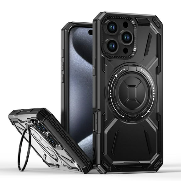 for iPhone 12 Pro Max Rugged Case with Rotate Ring Stand, [Built-in Kickstand] [Military-Grade Drop Protection] Heavy Duty Rugged Phone Cover Support Wireless Charging for iPhone 12 Pro Max, Black