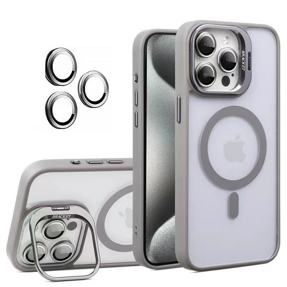 for iPhone 12 Pro Max Transparent Case with Camera Lens Protector, Compatible with MagSafe, Built-in Camera Stash Stand, Magnetic Hard Back Soft Edge Anti-Fingerprint Flexible Cover, Gray