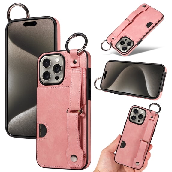 for iPhone 12 Pro Max Wallet Case with Card Holder, Hand Wrist Strap Loop Holder Kickstand, Finger Grip Ring Buckle PU Leather Double Buttons Shockproof Cover for iPhone 12 Pro Max, Pink