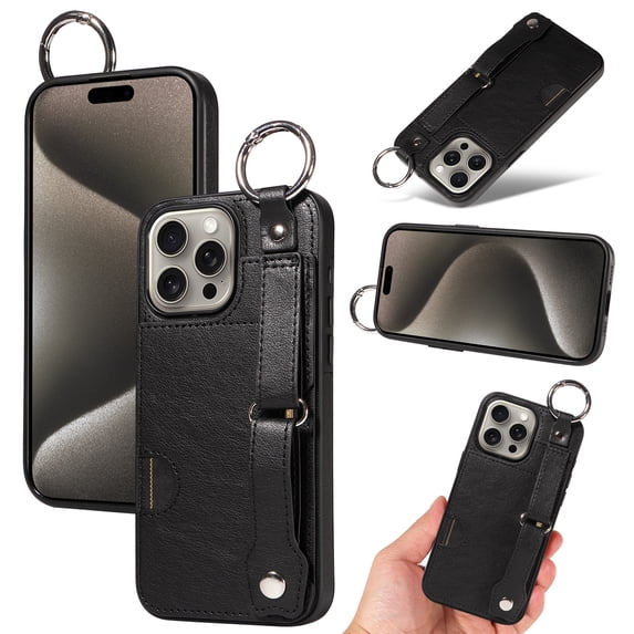 for iPhone 12 Pro Max Wallet Case with Card Holder, Hand Wrist Strap Loop Holder Kickstand, Finger Grip Ring Buckle PU Leather Double Buttons Shockproof Cover for iPhone 12 Pro Max, Black