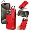 thumbnail image 1 of for iPhone 12 Pro Max Wallet Case with Card Holder, Hand Wrist Strap Loop Holder Kickstand, Finger Grip Ring Buckle PU Leather Double Buttons Shockproof Cover for iPhone 12 Pro Max, Red, 1 of 10