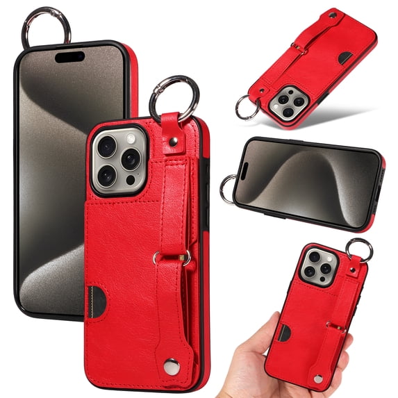 for iPhone 12 Pro Max Wallet Case with Card Holder, Hand Wrist Strap Loop Holder Kickstand, Finger Grip Ring Buckle PU Leather Double Buttons Shockproof Cover for iPhone 12 Pro Max, Red