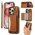 thumbnail image 1 of for iPhone 12 Pro Max Wallet Case with Card Slots, Hand Wrist Strap Rotate Ring Design, Finger Grip Ring PU Leather Magnetic Button Shockproof Purse Phone Cover for iPhone 12 Pro Max, Brown, 1 of 7