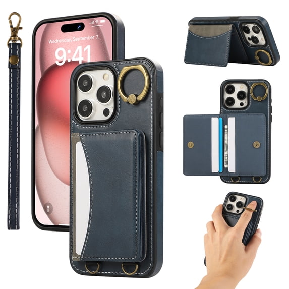 for iPhone 12 Pro Max Wallet Case with Card Slots, Hand Wrist Strap Rotate Ring Design, Finger Grip Ring PU Leather Magnetic Button Shockproof Purse Phone Cover for iPhone 12 Pro Max, Blue