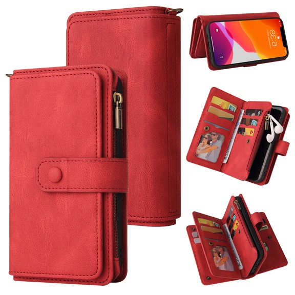 for iPhone 12 Pro Max Wallet Case, Classic PU Leather Wrist Strap PU Leather Kickstand Card Slots Heavy Duty Protection Zipper Pocket Rugged Phone Case Cover for iPhone 12 Pro Max, Red