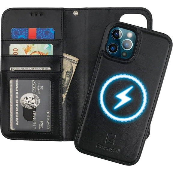 for iPhone 12 Pro Max Wallet Case Compatible with MagSafe Wireless Charging, RFID Blocking Magnetic Leather Case with Card Slots Holder Kickstand Detachable Wrist Strap 6.7 Inch (Black)
