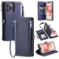 thumbnail image 1 of For iPhone 12 Pro Max Wallet Case – Crossbody Strap+Hand Lanyard & Zipper Pocket Credit Card Slots,Drop Tested PU Leather Magnetic Folio Cover with RFID Blocking Card Holder Phone Case,Darkblue, 1 of 9
