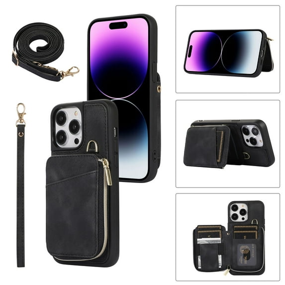 for iPhone 12 Pro Max Wallet Case Crossbody Strap, Zipper Phone Case with Card Holder Wrist Strap Purse Cover with Kickstand Compatible with iPhone 12 Pro Max 6.7 inch - Black