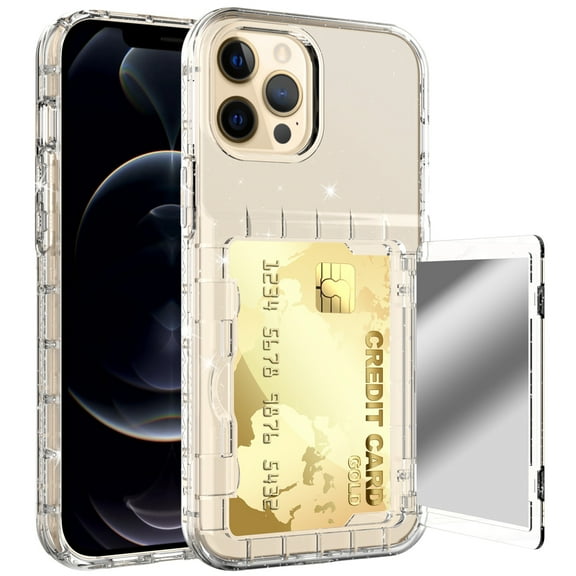 iPhone 12 Pro Max Wallet Case - Dteck Card Holder Cover with Hidden Mirror Dual Layer Shockproof Heavy Duty Protection All-Round Armor Protective Case for iPhone 12 Pro Max, Glitter Transparent