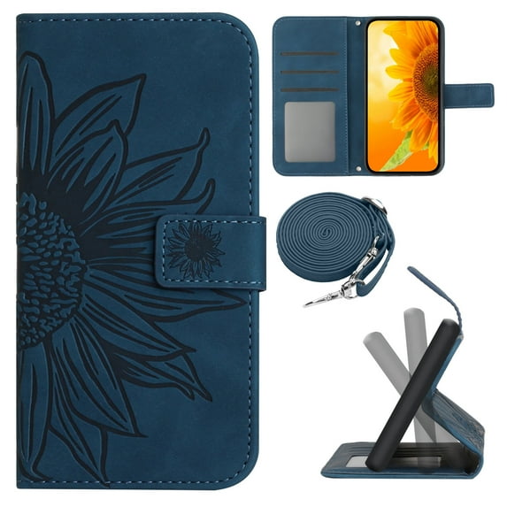 for iPhone 12 Pro Max Wallet Case, Flip Case PU Leather Soft TPU Embossed Folio Magnetic Adjustable Kickstand Crossbody Strap Cover Card Slots Fall Prevention Case for iPhone 12 Pro Max, Inkblue
