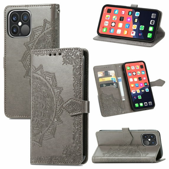 iPhone 12 Pro Max Wallet Case, Mandala Premium PU Leather Flip Stand Protective Cover with Card Slots Secure Magnetic for Apple iPhone 12 Pro Max 6.7", Gray