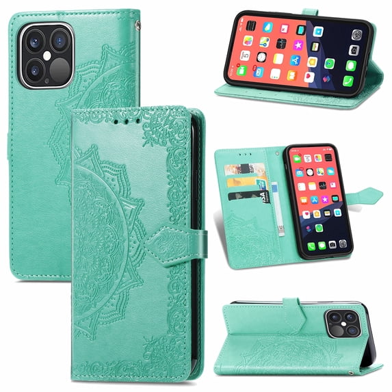 iPhone 12 Pro Max Wallet Case, Mandala Premium PU Leather Flip Stand Protective Cover with Card Slots Secure Magnetic for Apple iPhone 12 Pro Max 6.7", Green