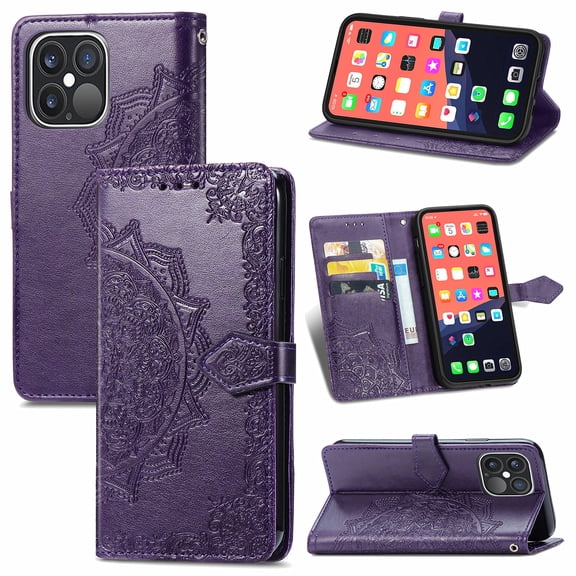 iPhone 12 Pro Max Wallet Case, Mandala Premium PU Leather Flip Stand Protective Cover with Card Slots Secure Magnetic for Apple iPhone 12 Pro Max 6.7", Purple