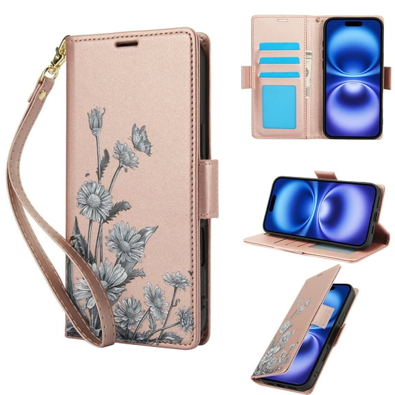 for iPhone 12 Pro Max Wallet Case with RFID Blocking Card Slots, Floral Pattern PU Leather Flip Cover with Kickstand Wrist Strap Full Body Protection Magnetic Closure Elegant & Functional, Rosegold