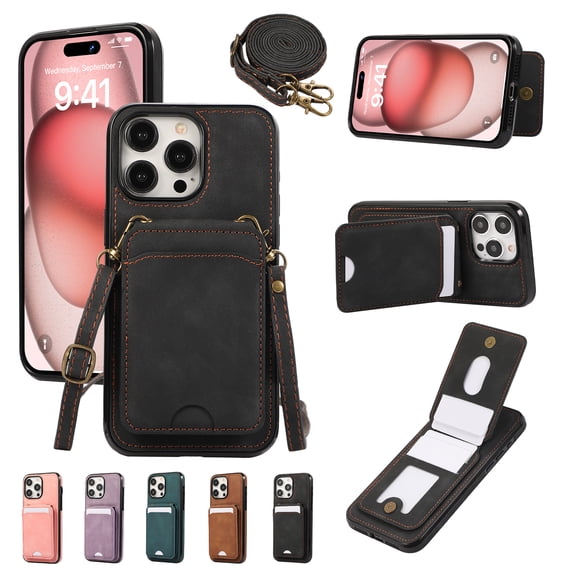 for iPhone 12 Pro Max Wallet Case with Shoulder Lanyard Strap, Crossbody Phone Case with Card Holder Slots for Women Girls, Luxury PU Leather Flip Stand Purse Cover Shockproof Case, Black