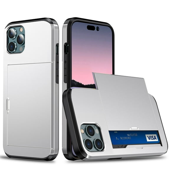 for iPhone 12 Pro Max Wallet Case with Sliding Door Hidden Pocket Credit Card Holder Dual Layer Heavy Duty Shockproof Hard PC Hybrid TPU Phone Flip Protective Cover for iPhone 12 Pro Max, Silver