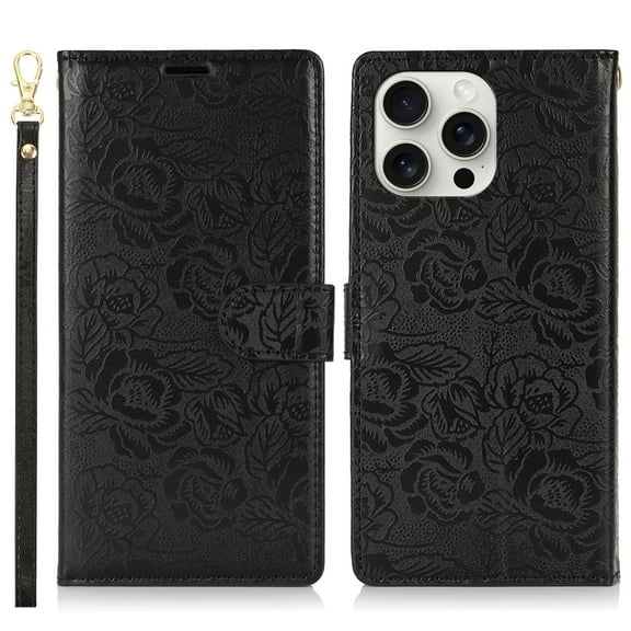 for iPhone 12 Pro Max Wallet Case for Women Girls, PU Leather Flower Pattern, Card Slots Kickstand Wrist Strap Drop Protective TPU Back Cover with Magnetic Clasp for iPhone 12 Pro Max, Black