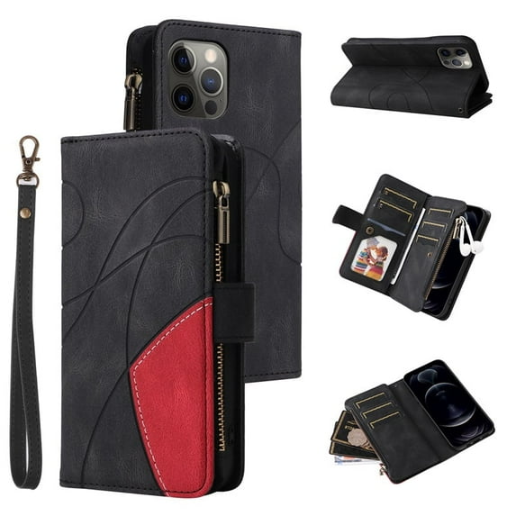 for iPhone 12 Pro Max Wallet Phone Case with 9 Card Holder Zipper Pocket, Magnetic Closure Premium Folio PU Leather Flip Case with Wrist Strap for iPhone 12 Pro Max 6.7inch,Black