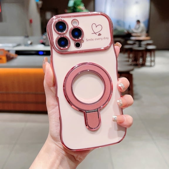 for iPhone 12 Pro Max Wave Design Magnetic Case, Compatible with MagSafe, Heart Pattern Metal Kickstand Plating TPU Shockproof Protective Ultra Slim Phone Case for iPhone 12 Pro Max, Pink
