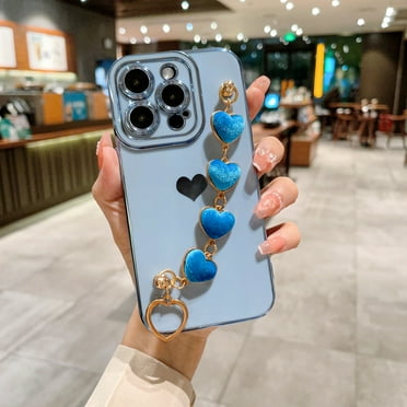 for iPhone 12 Pro Max with Wrist Strap,Cute Love Heart Full Camera Lens Protection with Side Small Pattern Shockproof Plating Bumper Soft TPU Phone Case Cover For iPhone 12 Pro Max, Blue
