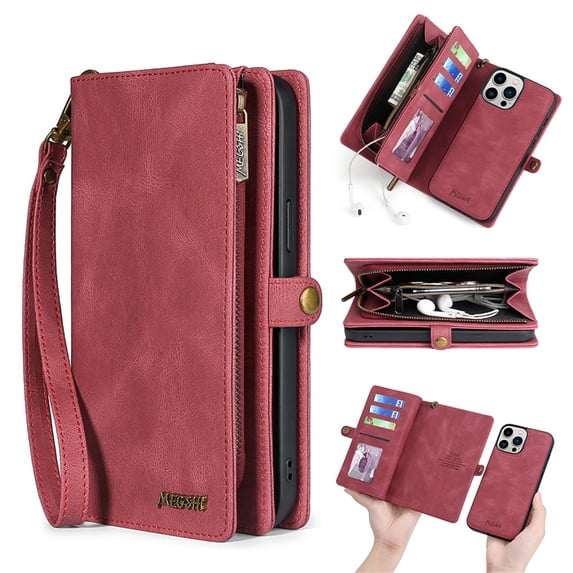for iPhone 12 Pro Max Zipper Pocket Case with RFID Blocking Card Holder,Detachable Wallet Magnetic Multifunctional Phone Case Flip Kickstand PU Leather with Wrist Strap for Women/Men,Red