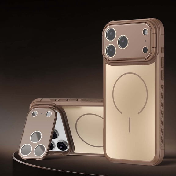 For iPhone 12 Pro Phone Case,With Flip Camera Cover Protector Kickstand,Compatible with Mag-Safe,Shockproof Non-slip Anti-Scratch Anti-fall Drop Protection,Thin Fit Phone Case,Brown