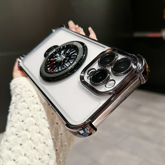 for iPhone 12 Pro Plating Case with Rotating Gyroscope Magnetic Ring Stand Full Camera Lens Protection Compatible with MagSafe Clear Back Phone Cover for iPhone 12 Pro, Black