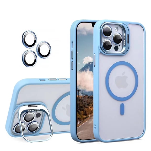for iPhone 12 Pro Transparent Case with Camera Lens Protector, Compatible with MagSafe, Built-in Camera Stash Stand, Magnetic Hard Back Soft Edge Anti-Fingerprint Flexible Cover, Blue