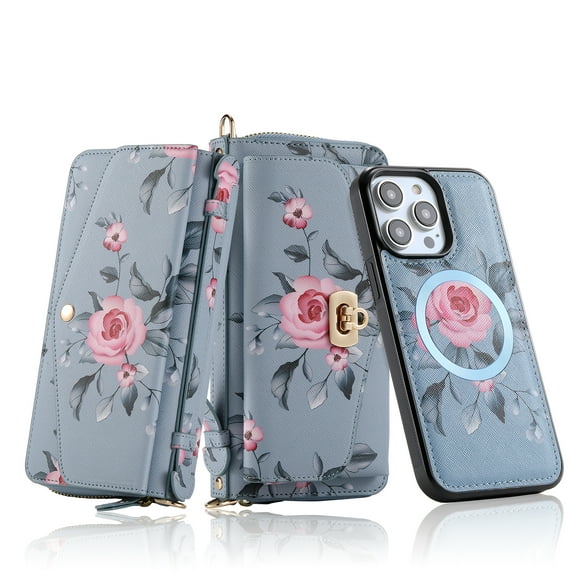 for iPhone 12 Pro Wallet Case - Magnetic Detachable Back Case with RFID Blocking Card Holder, Hand Strap & Crossbody Strap, Floral Flower PU Leather Flip Cover Case for Women Girls, Gray