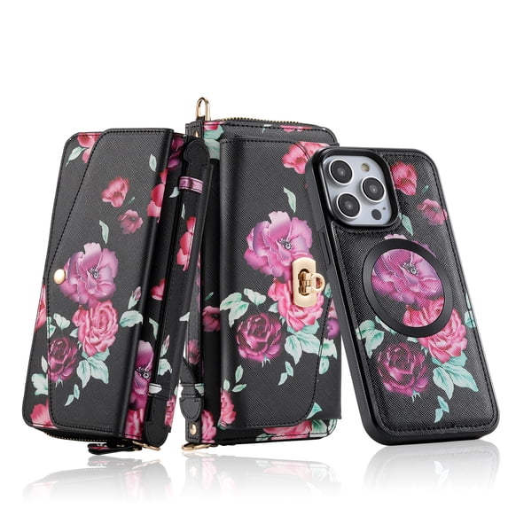 for iPhone 12 Pro Wallet Case - Magnetic Detachable Back Case with RFID Blocking Card Holder, Hand Strap & Crossbody Strap, Floral Flower PU Leather Flip Cover Case for Women Girls, Black