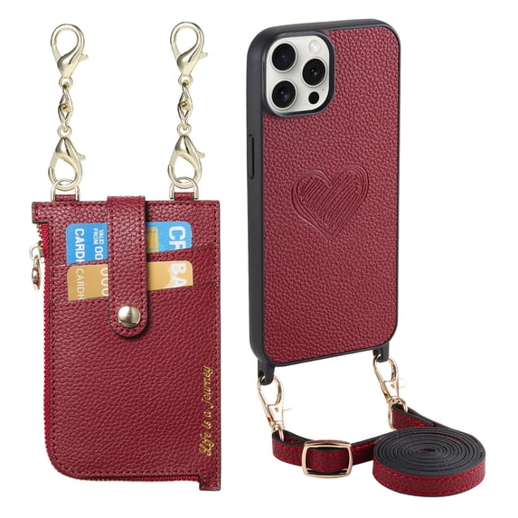 For iPhone 12 Pro / iPhone 12 6.1" Wallet Case with Love Pattern - Crossbody Design with Adjustable Shoulder Strap, Secure Zipper Purse, Easy-Access Zipper Card Slot Phone Cover, Red