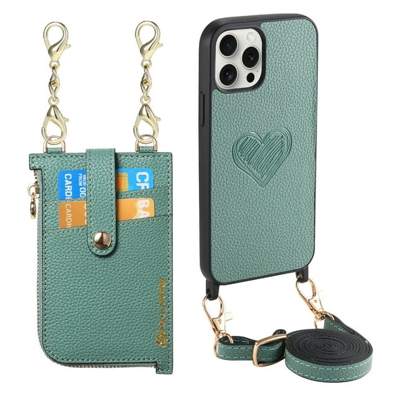 For iPhone 12 Pro / iPhone 12 6.1" Wallet Case with Love Pattern - Crossbody Design with Adjustable Shoulder Strap, Secure Zipper Purse, Easy-Access Zipper Card Slot Phone Cover, Green