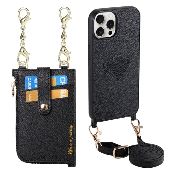 For iPhone 12 Pro / iPhone 12 6.1" Wallet Case with Love Pattern - Crossbody Design with Adjustable Shoulder Strap, Secure Zipper Purse, Easy-Access Zipper Card Slot Phone Cover, Black