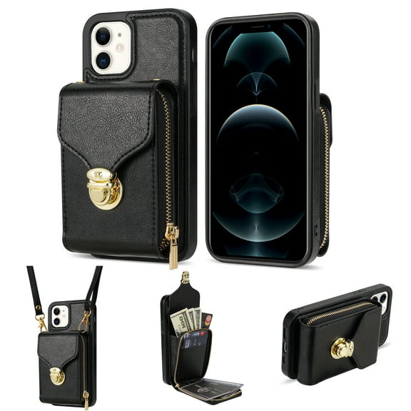 for iPhone 12 Pro, iPhone 12 Case Wallet with Shoulder Strap for Women - Crossbody Lanyard,Zipper Pocket,Credit Card Holder,Shockproof - Metal Buckle Closure Premium PU Leather Case, Black