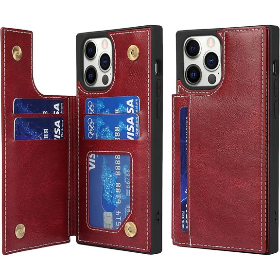 for iPhone 12 Pro/iPhone 12 Luxury PU Leather Case with Card Holder,[5 Card Slots],Double Magnetic Clasp Stand Function Back Wallet Case Flip Durable Case for iPhone 12 Pro 6.1",Wine Red