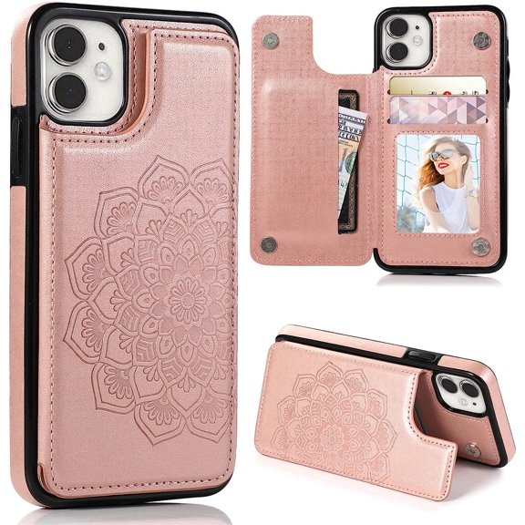 for iPhone 12 Pro/iPhone 12 Wallet Case with Card Holder,Mandala Emboss PU Leather with Card Slots Magnetic Clasp Slim Flip Cover for iPhone 12/12 Pro 6.1 Inch (Rose Gold)